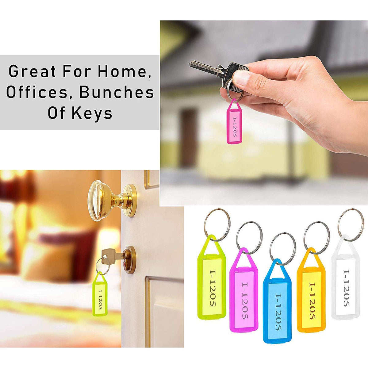 Compact plastic box containing 10 assorted translucent plastic keychain tags