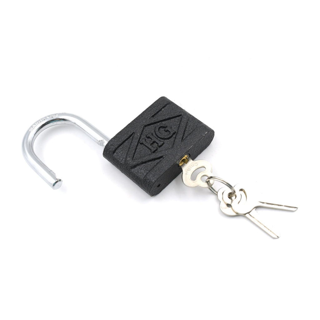 Detailed side profile of the durable black iron padlock.