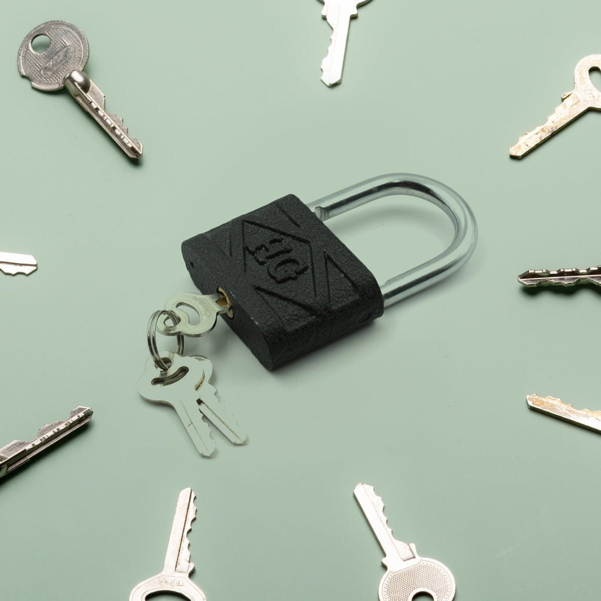 Front view of the sturdy black iron padlock with its keys.
