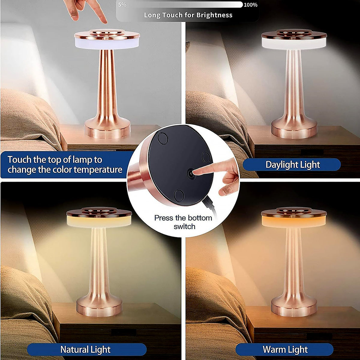 Close-up of the minimalist metal design of the touch control LED lamp.